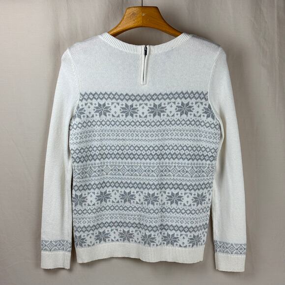 Talbots Size Small Sparkle Fair Isle Sweater - Cream Off White Grey Snowflakes - Picture 6 of 11